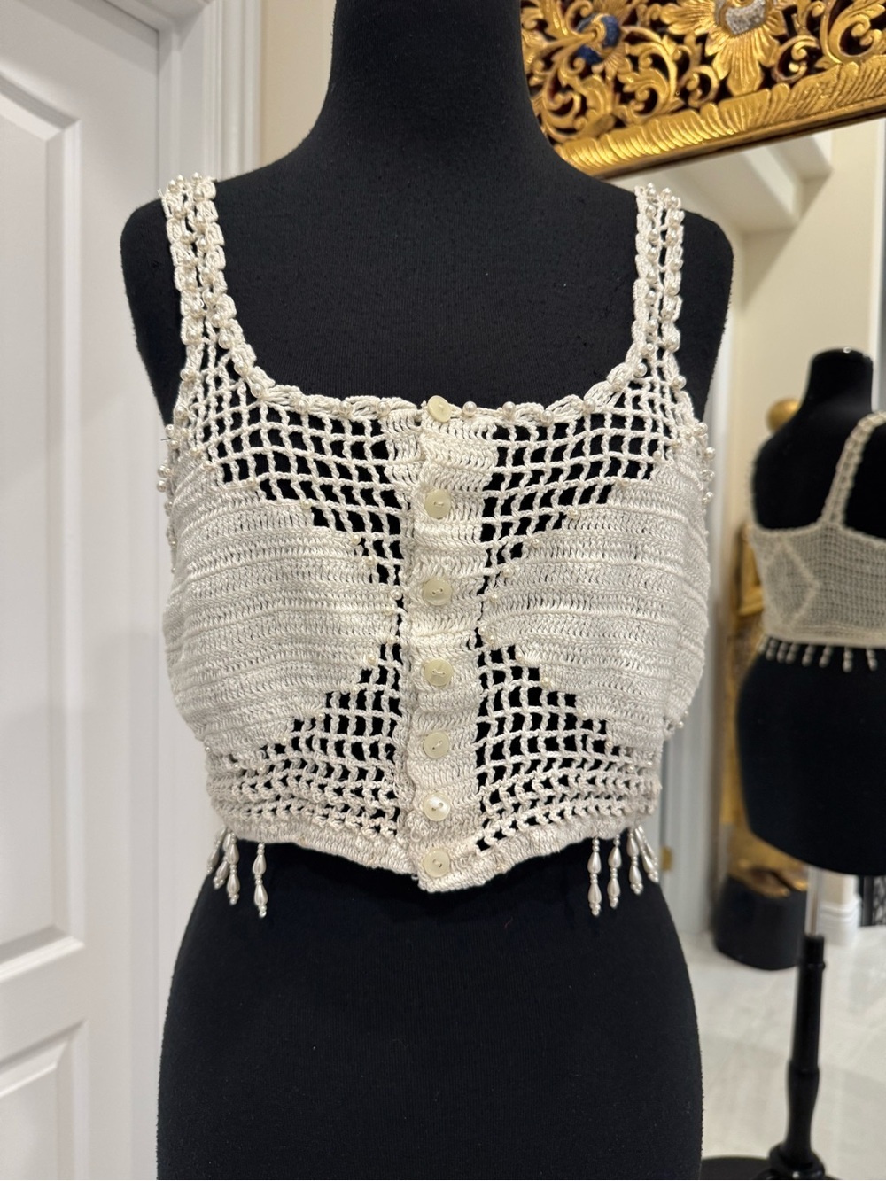 Cream Crochet Button-Front Camisole with Beaded Fringe - Picture 5 of 6